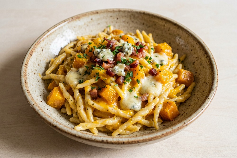 Pasta-zucca-speck- gorgonzola